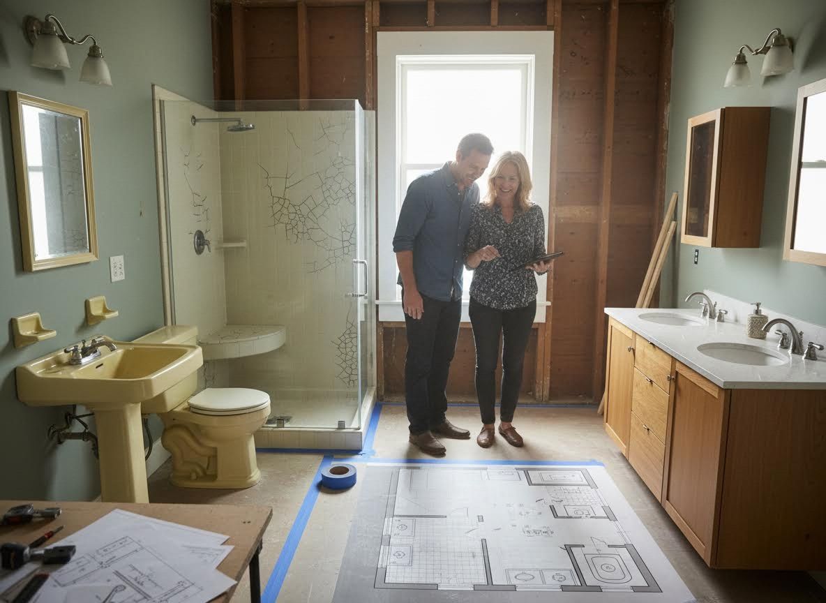 Couple planning bathroom renovation