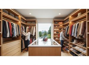 A couple selects clothes in a large, modern walk-in closet with light wood, a central island, and a window overlooking a city skyline. Modern Walk-in Closet with City View and Couple