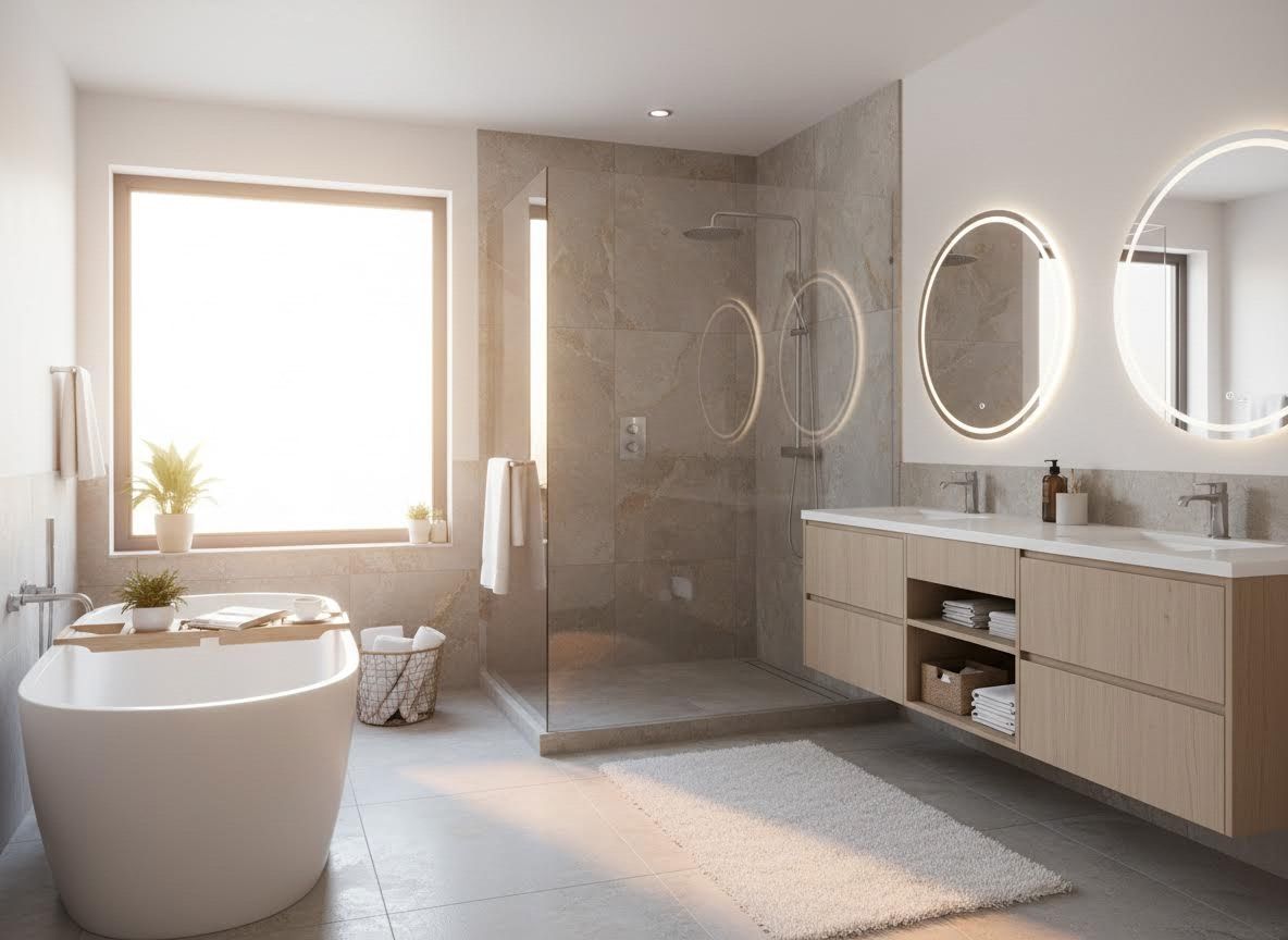 Modern Bathroom with Freestanding Tub, Walk-in Shower, and Double Vanity