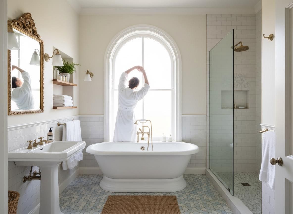 Woman stretching in a luxurious white bathroom