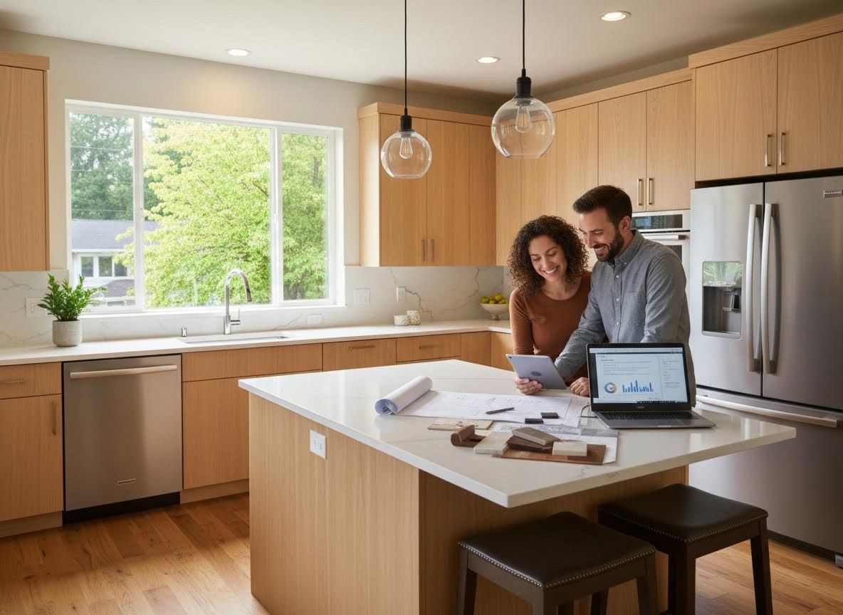 Couple reviewing home plans in a modern kitchen