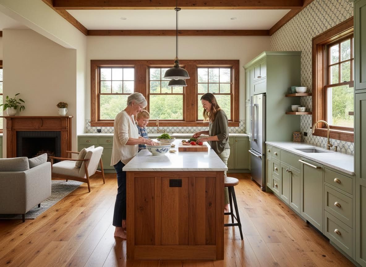 Family Cooking in a Stylish Green Kitchen