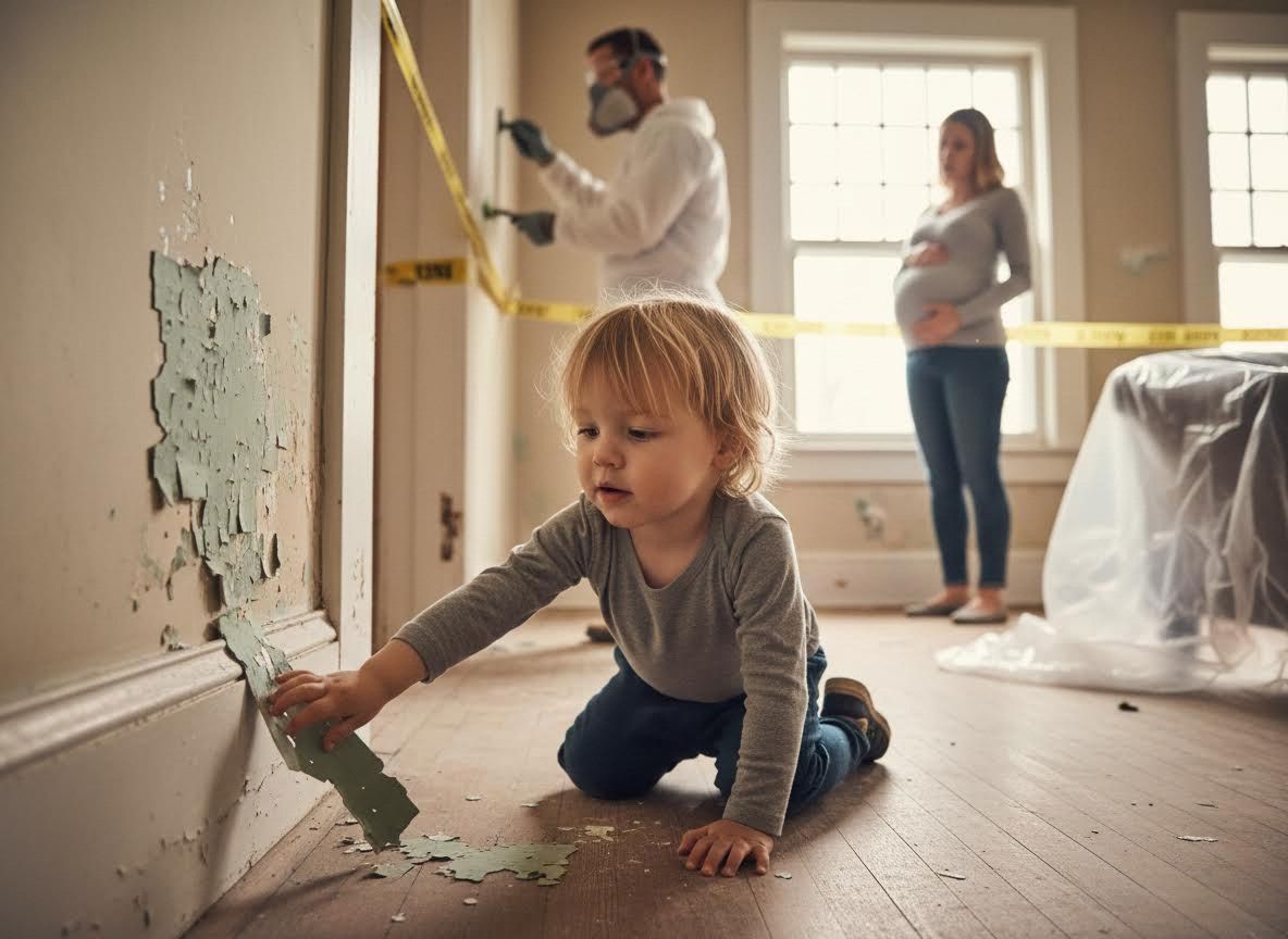 Toddler near peeling lead paint with family during remediation