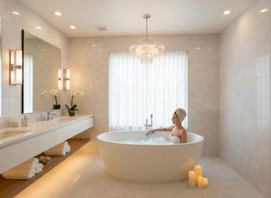 Luxurious Marble Bathroom with Woman in Freestanding Bathtub