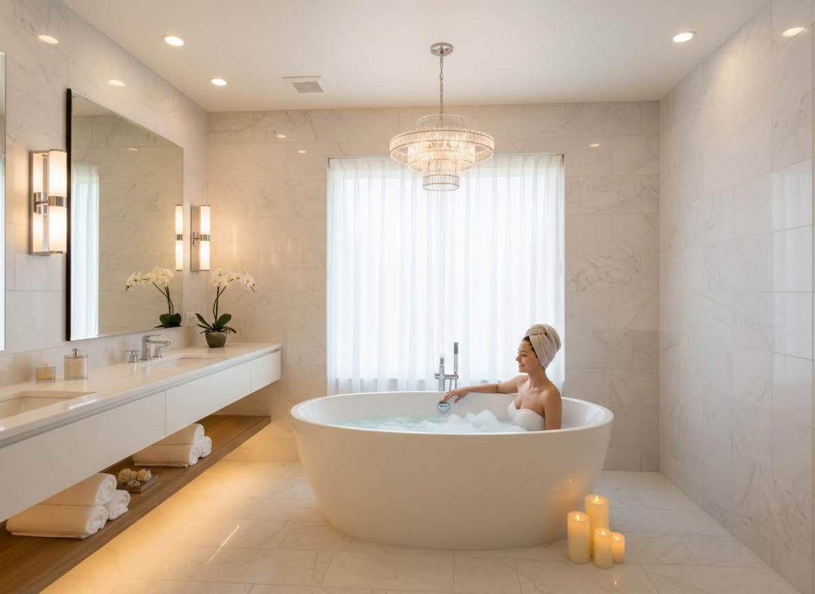Luxurious Marble Bathroom with Woman in Freestanding Bathtub