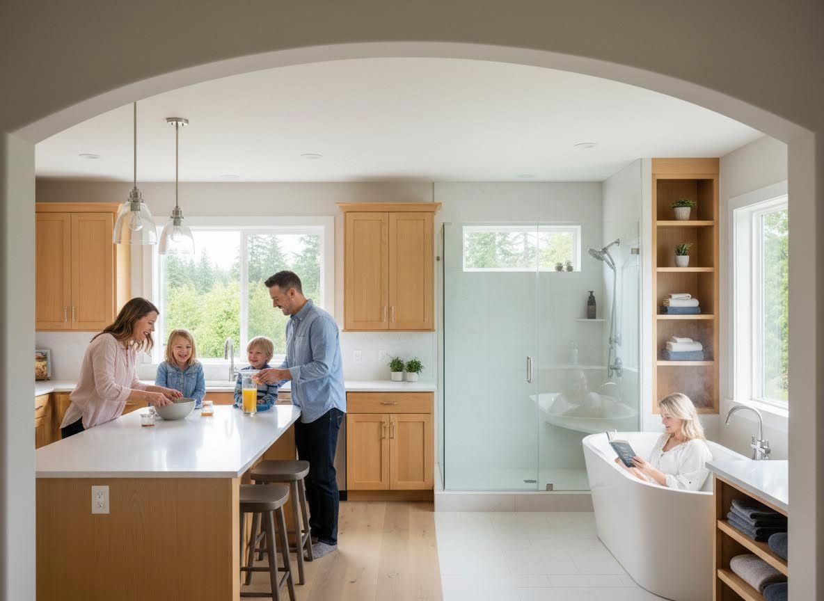 Family in modern kitchen with woman relaxing in bathtub
