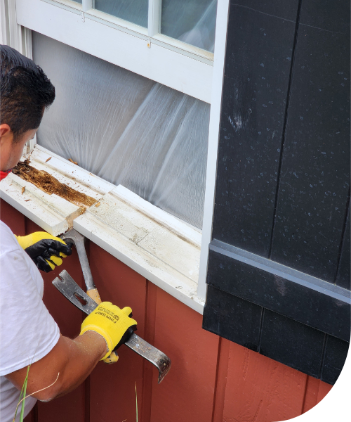 contractor installing new rot-resistant window sill on suburban home exterior