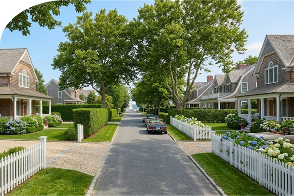 A scenic, tree-lined residential street in Southampton, New York, featuring classic cedar-shingle homes, manicured hedges, and white picket fences