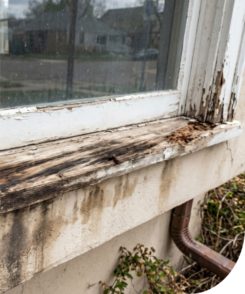 window showing bubbling paint, cracked trim, soft rotted wood, and moisture stains around sill