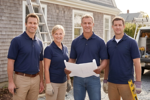 A team of four professional home improvement contractors in matching navy blue uniforms, standing with blueprints and tools outside a cedar-shingle home in Southampton