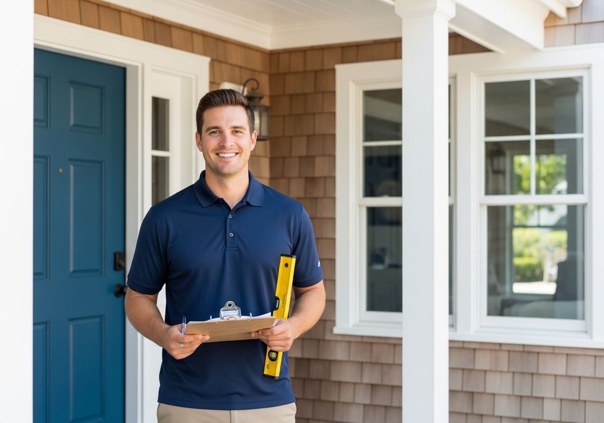 a friendly home improvement contractor wearing a navy blue polo shirt. He is standing on the front porch of a beautiful, classic cedar-shingle home in Southampton