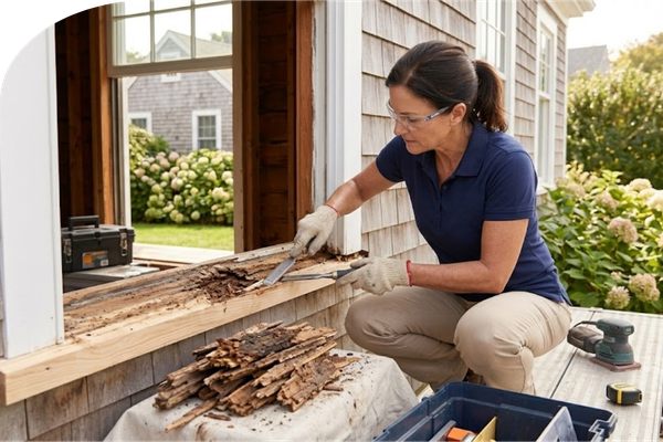A professional contractor wearing safety gear carefully chiseling away rotted wood to repair a window sill on a coastal residential home
