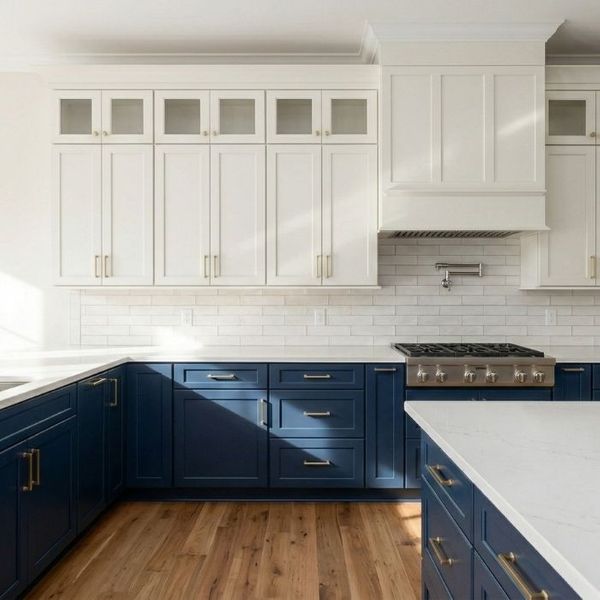 Close-up of a modern kitchen with a two-tone cabinetry design featuring white upper cabinets and navy blue lower cabinets with gold hardware. Close-up of a modern kitchen with a two-tone cabinetry design featuring white upper cabinets and navy blue lower cabinets with gold hardware.