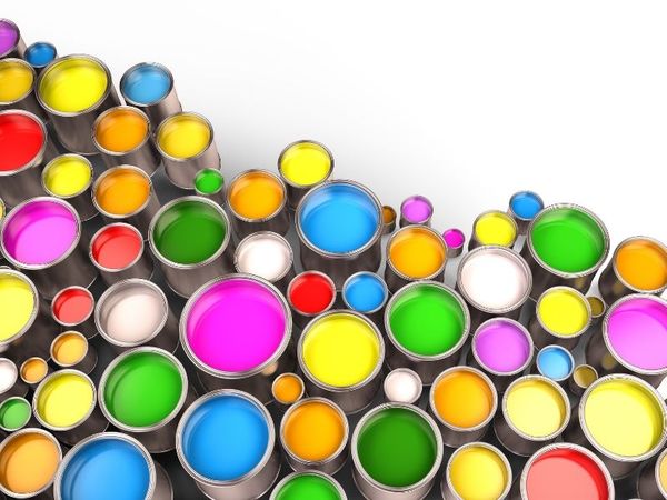 Multiple cans of colorful paint