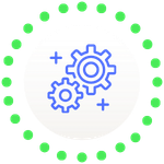 A blue line icon of interlocking gears and plus symbols enclosed in a bright green dotted circle.