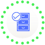 A blue line icon of a cabinet with a checkmark symbol enclosed in a bright green dotted circle.