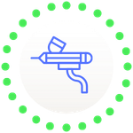 A blue line icon of a professional paint spray gun enclosed in a bright green dotted circle.