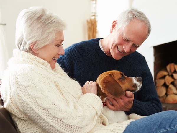 Senior couple smiling petting their dog