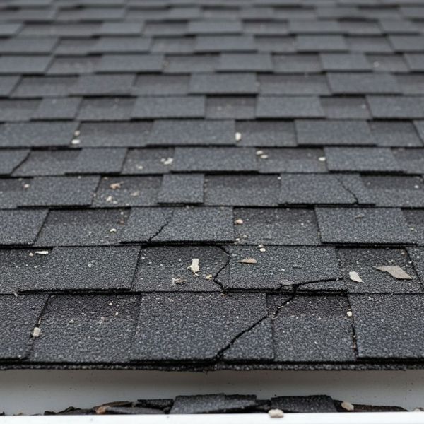 Close-up shot of dark, curled, and cracked asphalt shingles on a residential roof.