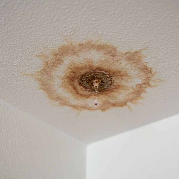A discolored, brown water stain spreading across the corner of a white ceiling inside a home.