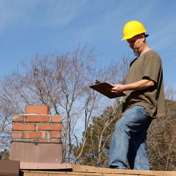 Roofing contractor inspects a chimney
