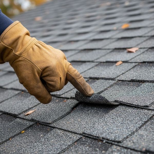 A roofer's hand pointing to a curled and damaged asphalt shingle on a house roof.
