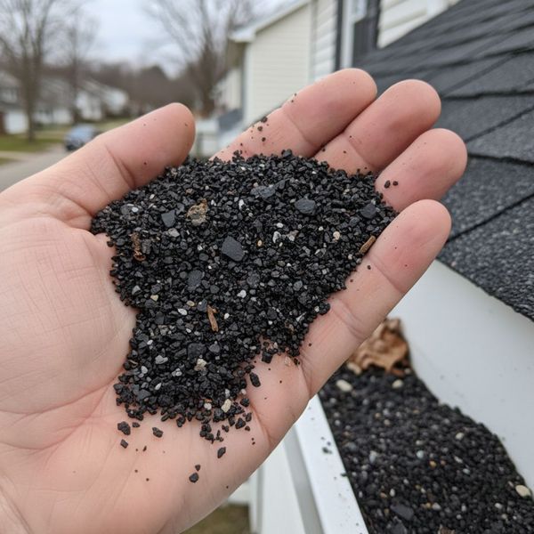 A handful of dark shingle granules that have been collected from a home's gutter system.