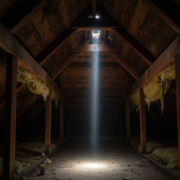 View from inside a dark attic with a sunbeam shining through a small hole in the roof boards.