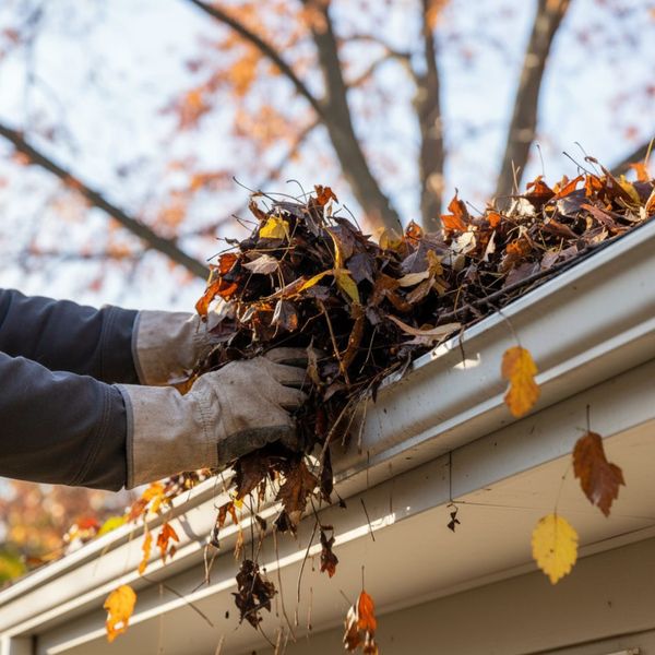 Close-up of a person wearing gloves cleaning leaves and debris out of a clogged residential rain gutter.