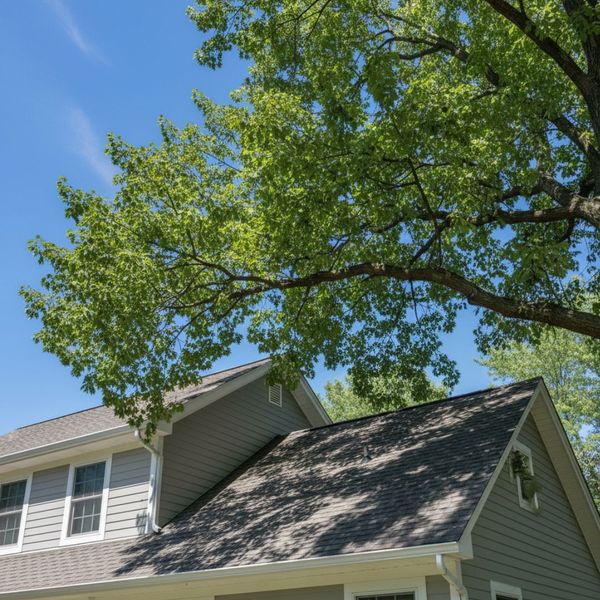 A large tree branch hanging dangerously close to a house roof on a clear day.