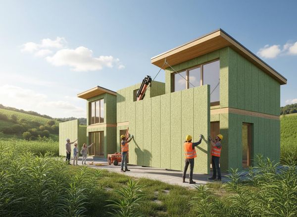 Workers install green insulation panels on a modern house under construction, observed by a family. Crane lifts a panel in a sunny, green landscape. Sustainable House Construction with Green Panels