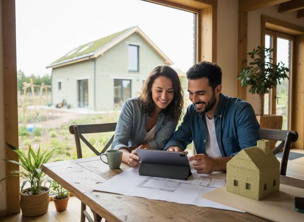 Couple smiling and looking at a tablet on a wooden table with blueprints and a house model. A modern home with a green roof is seen outside. Couple Planning Sustainable Home