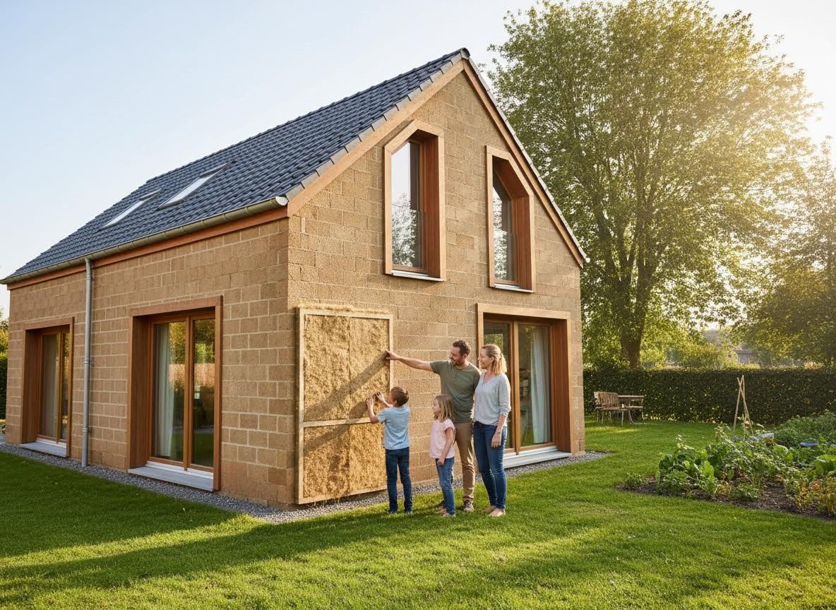 Family installing eco-friendly insulation on a sustainable home