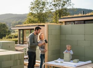 Family building a sustainable home with green blocks