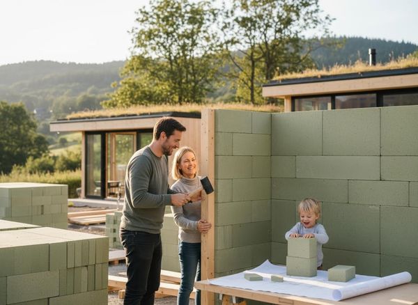 A happy family works together on a new house made of green building blocks, with their young child playing. Eco-friendly green-roofed homes are in the background. Family building a sustainable home with green blocks