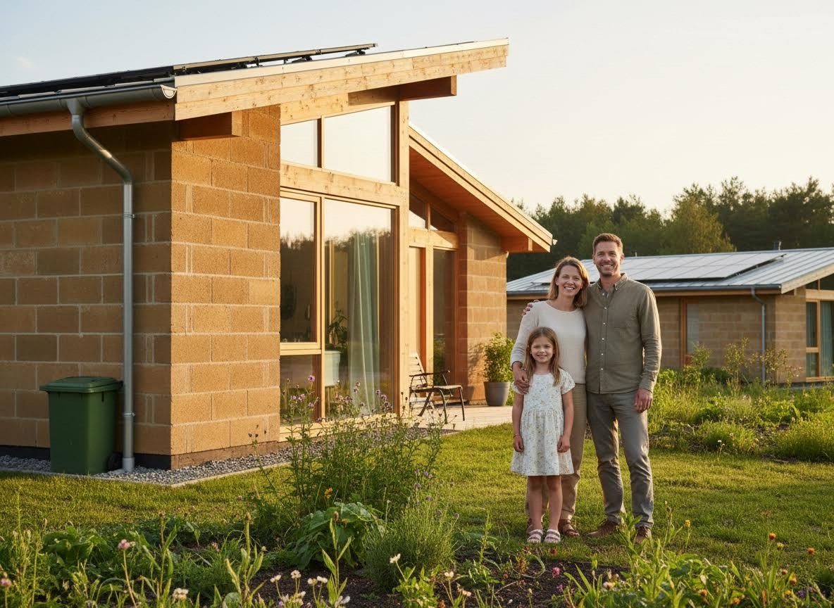 Family in front of sustainable modern home