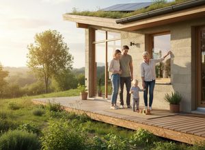 A happy family of four, including a couple, a child, and an older woman, on a wooden deck outside a modern home with a green roof and solar panels, surrounded by nature. Multi-generational family enjoying a sustainable home