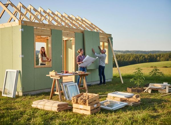 Three people collaborate on building a new house. A woman stands in a window opening, another reviews plans with a man attaching a wall panel. Family Building Small House in Rural Landscape