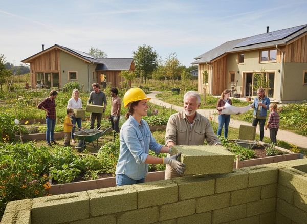 Diverse group collaboratively builds a wall with green, eco-friendly blocks in a community garden, surrounded by sustainable homes with solar panels. Community Builds with Eco-Friendly Blocks in Sustainable Village