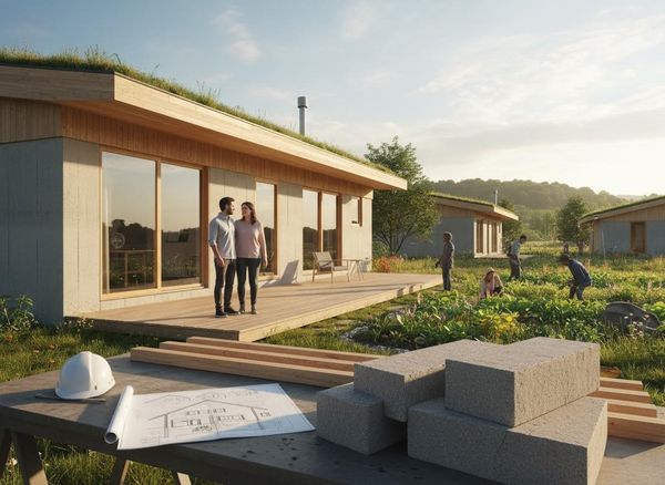 A couple stands on the deck of a modern, green-roofed home. Construction plans, materials, and a community garden are visible. Eco-Friendly Home Construction and Sustainable Living