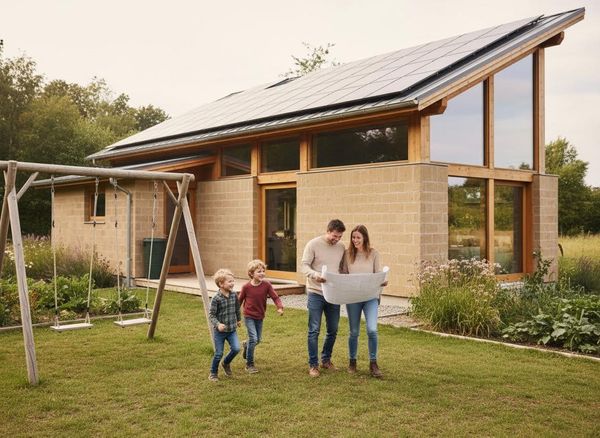 Family with blueprints in front of sustainable solar panel home