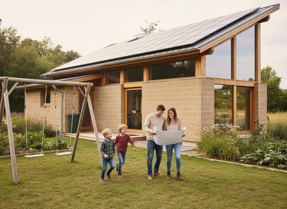 Family with blueprints in front of sustainable solar panel home