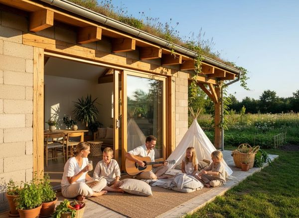 A happy family of five relaxes on the porch of a modern house with a green roof. Father plays guitar for children and mother, with a teepee nearby. Family enjoying music and relaxation on a sustainable home's green-roofed porch