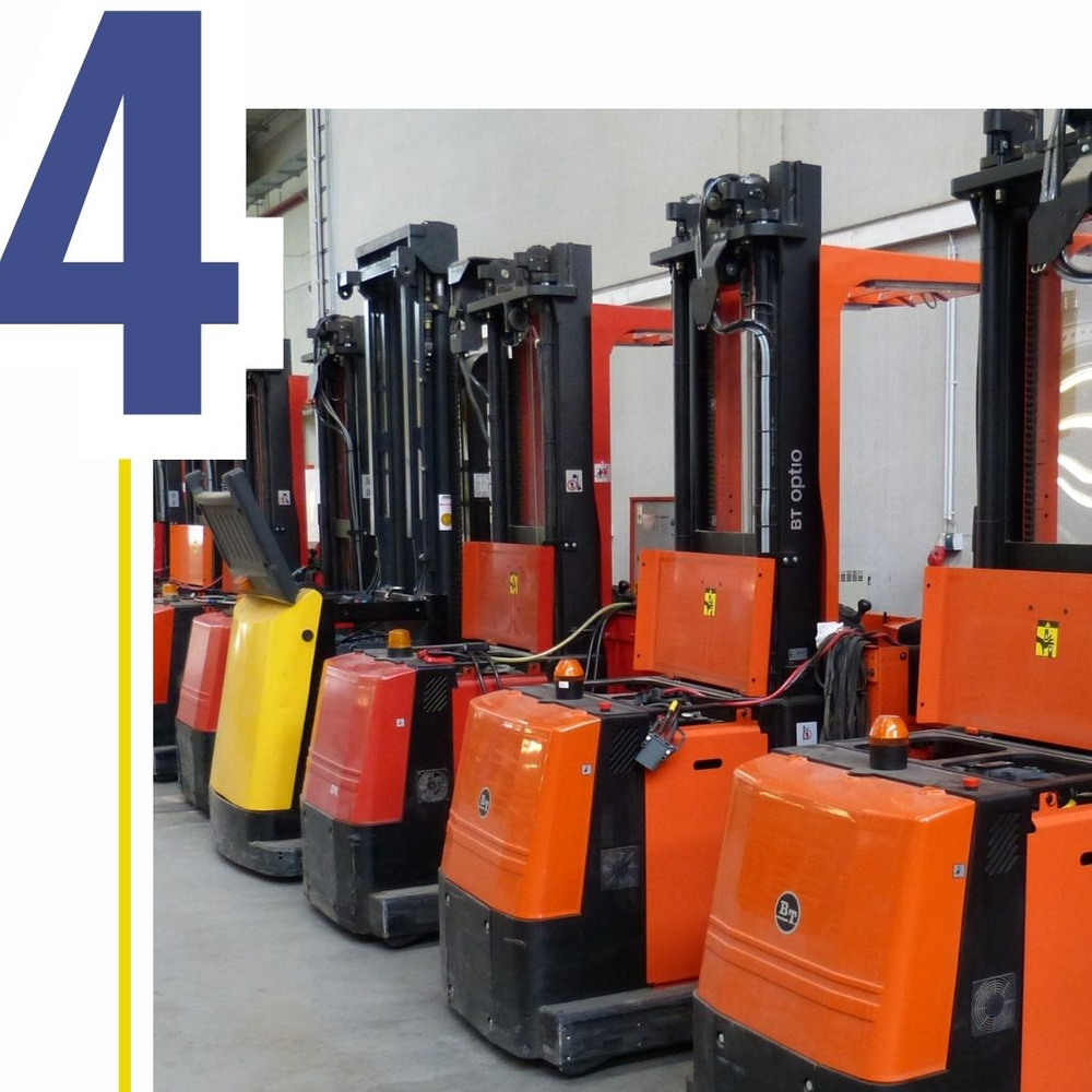numeral 4, row of forklifts ready for use