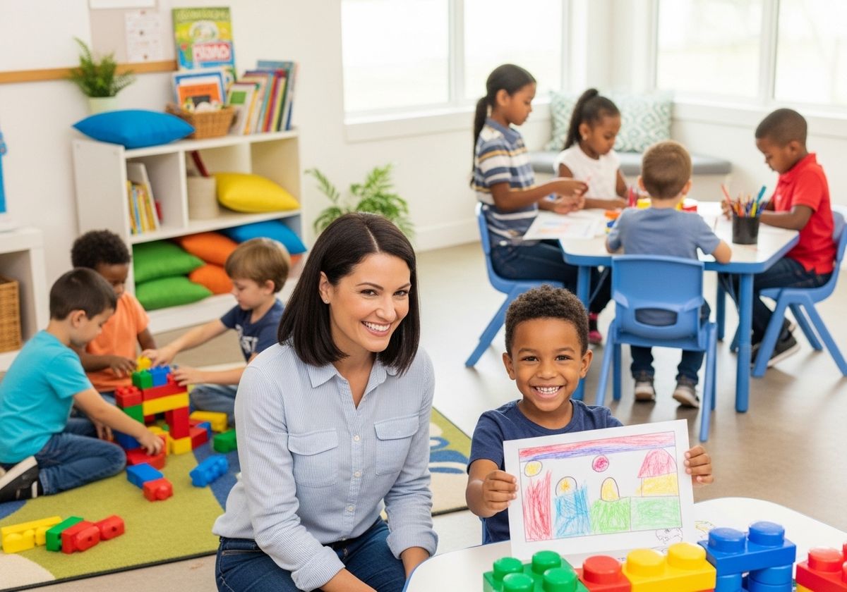 Preschool Teacher with Smiling Student Holding Artwork