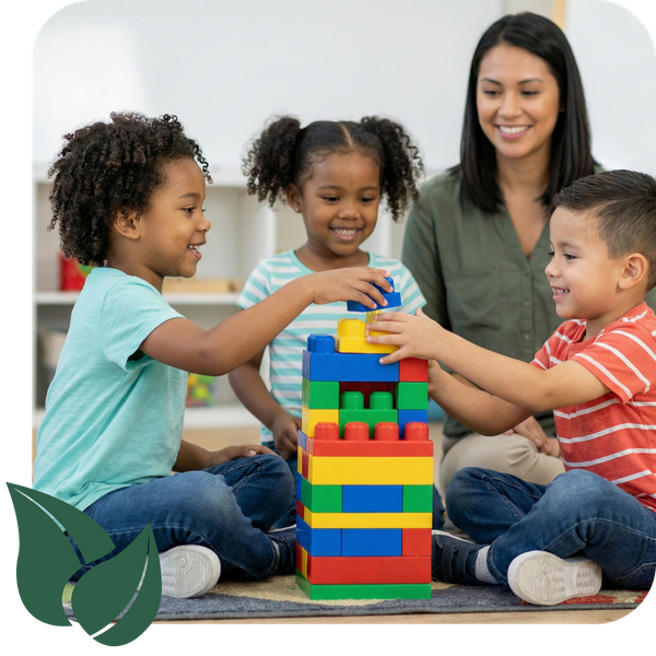 Children cooperating to build a block tower, representing social and emotional growth.