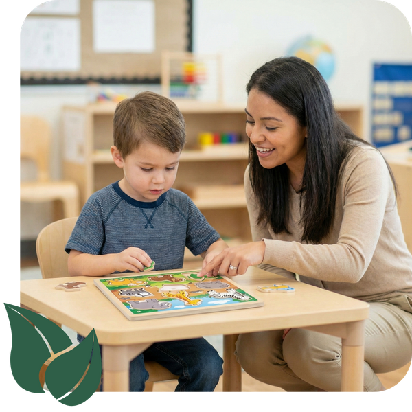 A teacher and a young child work together on a wooden puzzle, illustrating focused learning.