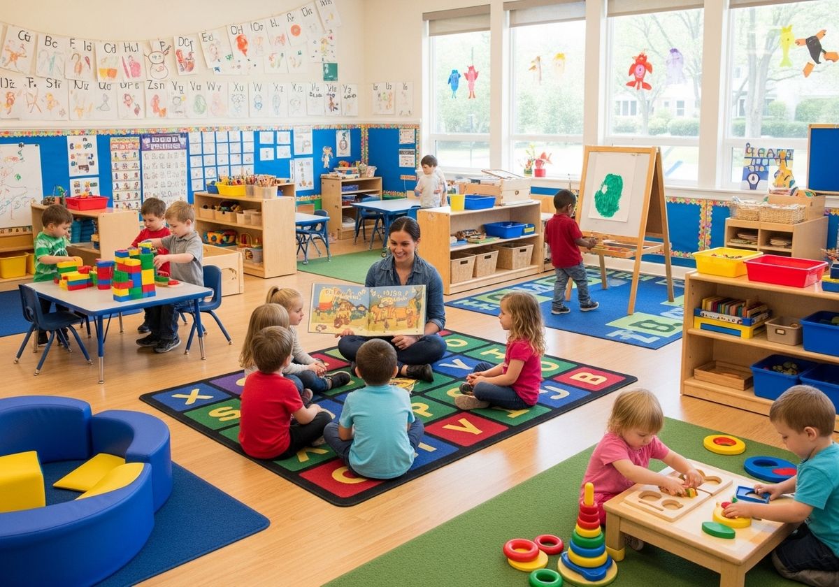 Preschool classroom with children engaged in activities