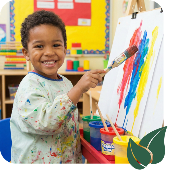 A joyful child painting at an easel, highlighting creative expression and the arts.