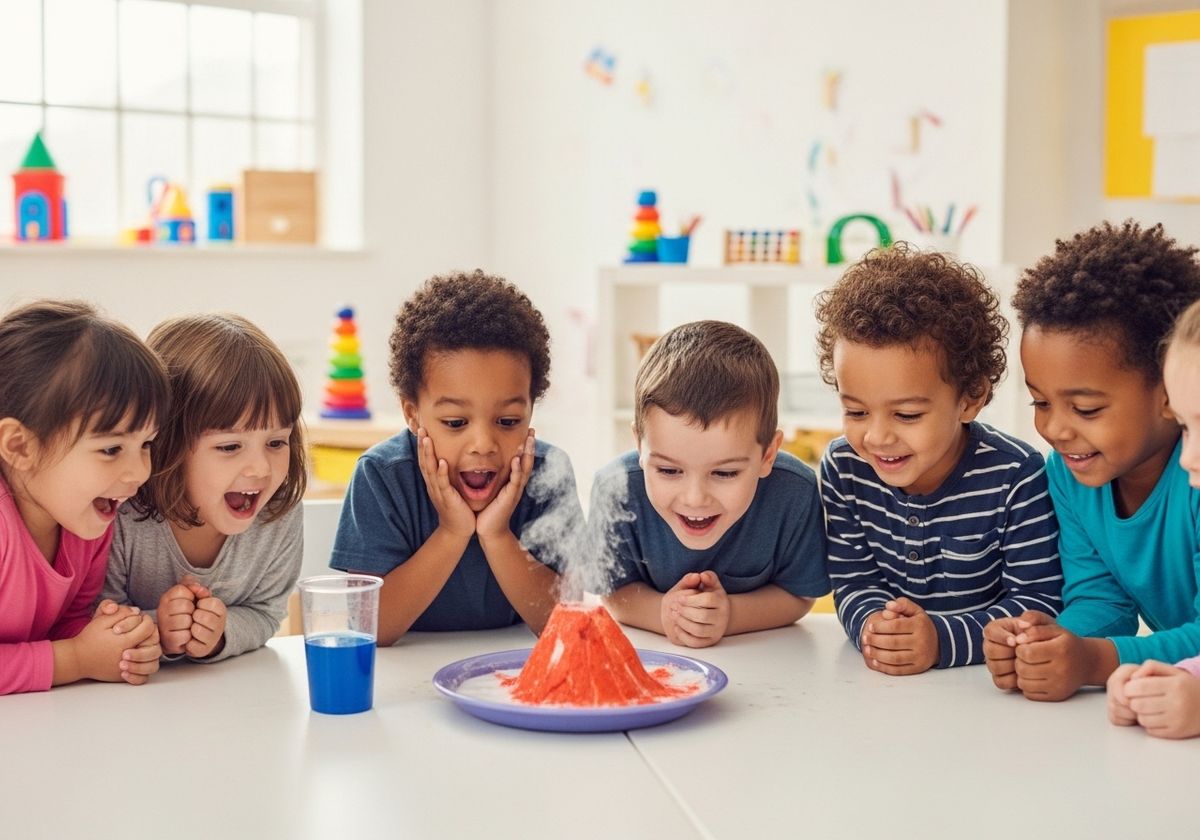 Excited Children Watching Volcano Experiment Erupt